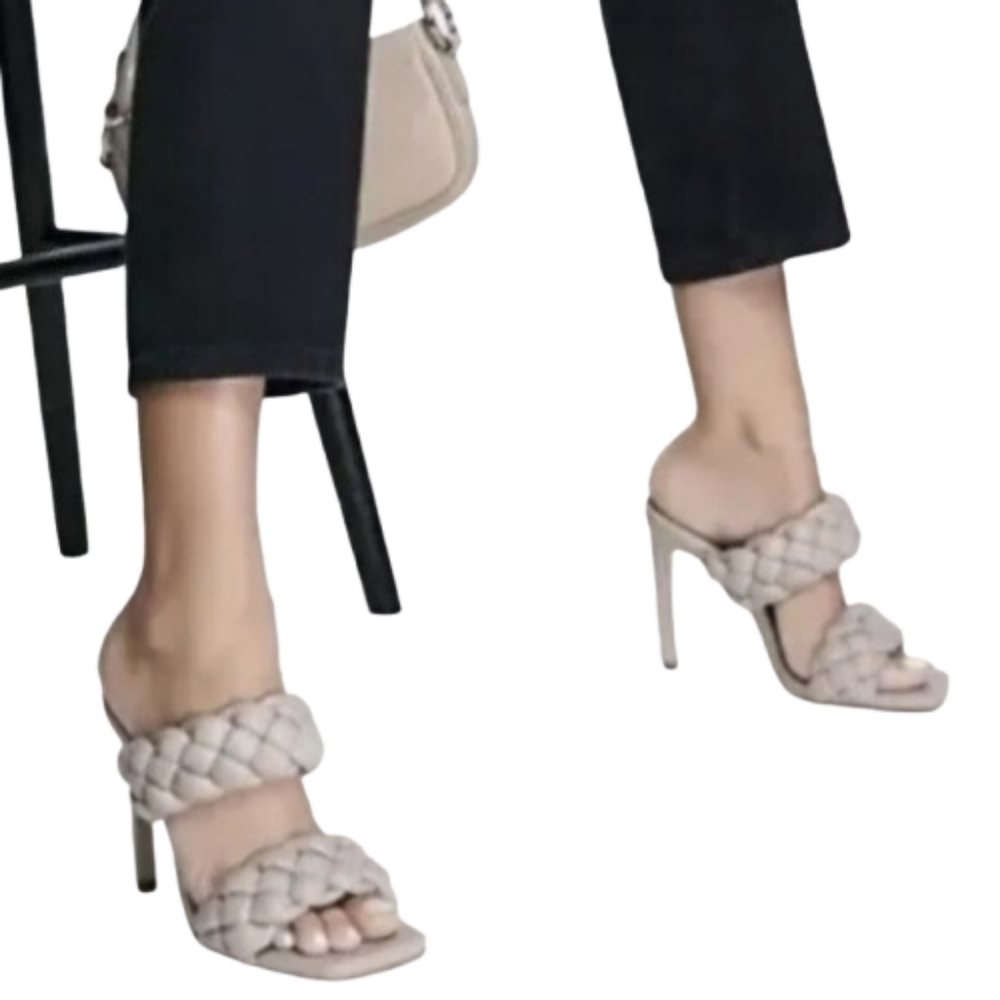 Steve Madden Kenley Heeled Sandal Stiletto Braided Detail Nude Tan Cream